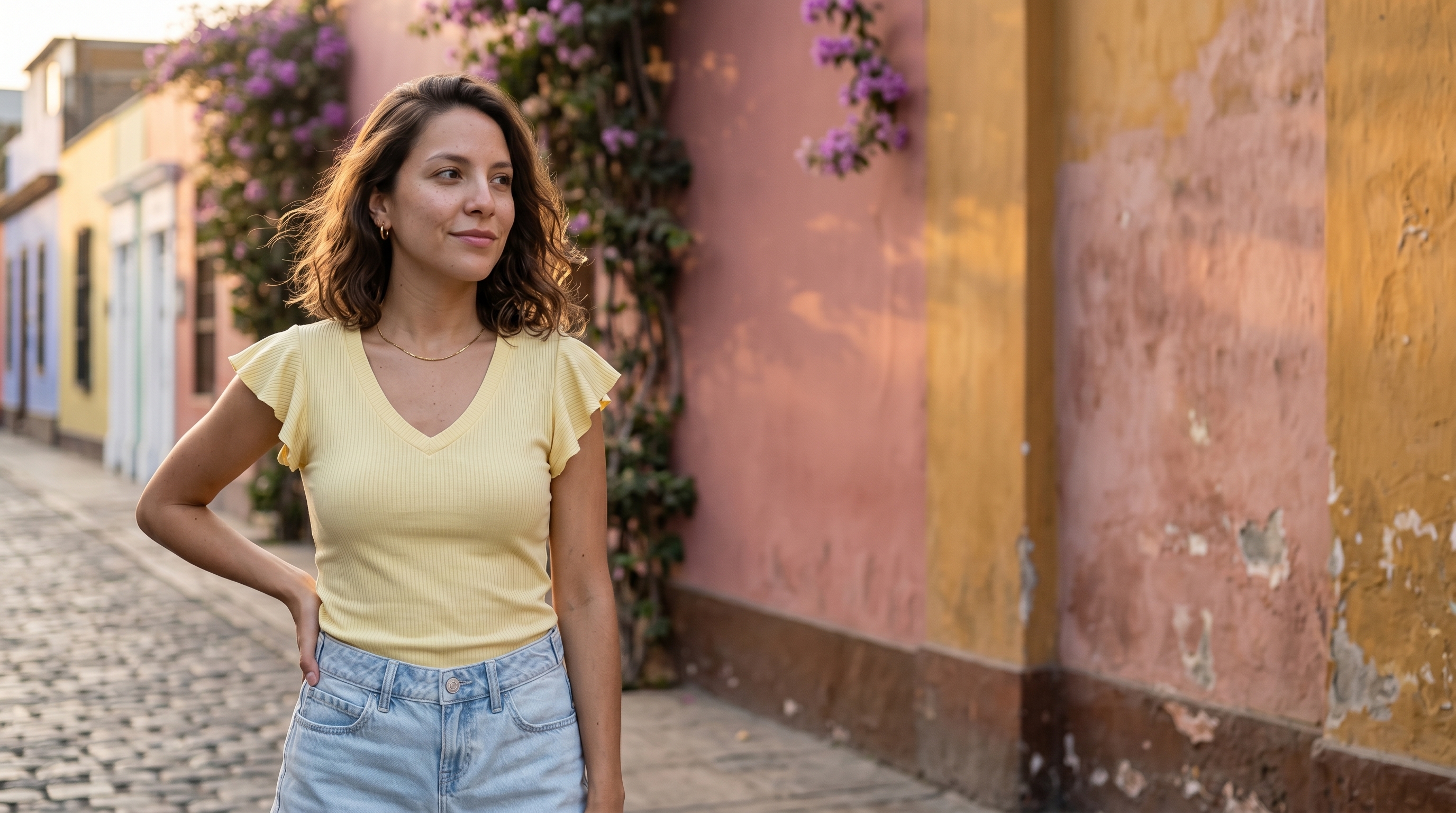 Modelo con top acanalado amarillo en callejón con flores